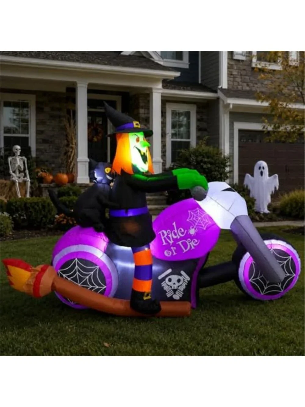 7FT Gaint Halloween Inflatables Witch on Motorcycle with Black Cat,Blow Up